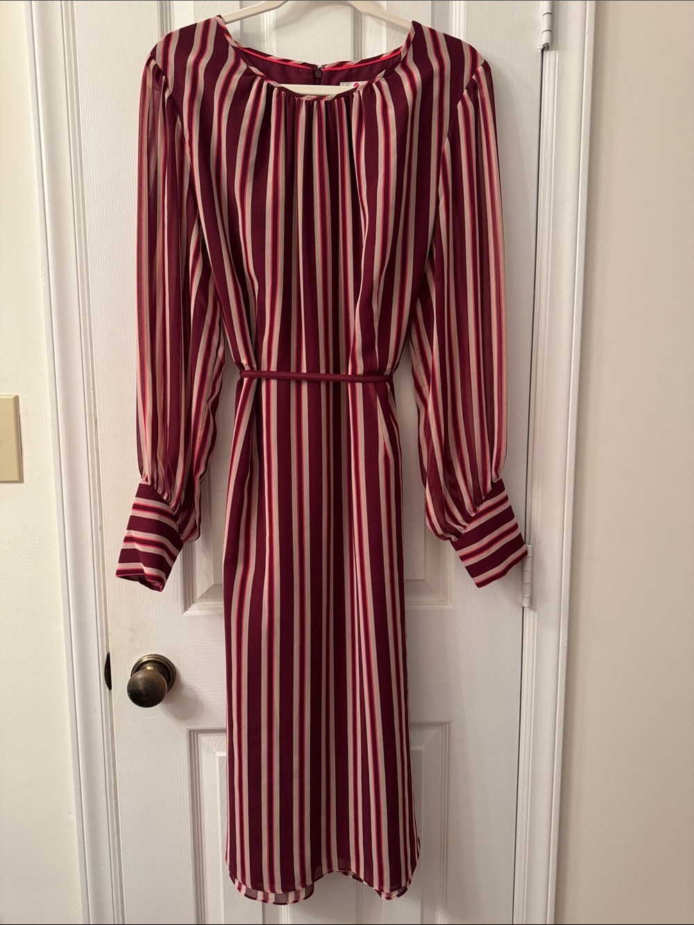 Boden Burgundy and Cream Striped Long-Sleeve Midi Dress
